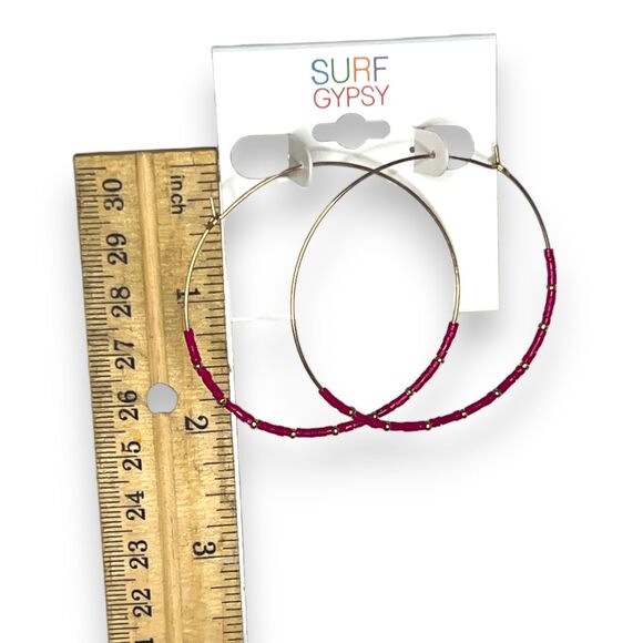 Surf Gypsy Large Red Seed Bead Hoop Earrings 2.75" NWT Gold Tone Boho Statement - Picture 6 of 6
